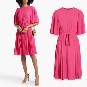 Mikael Aghal Pleated Silky Crepe Pocket Flutter Sleeve Midi Dress in Fuchsia 8